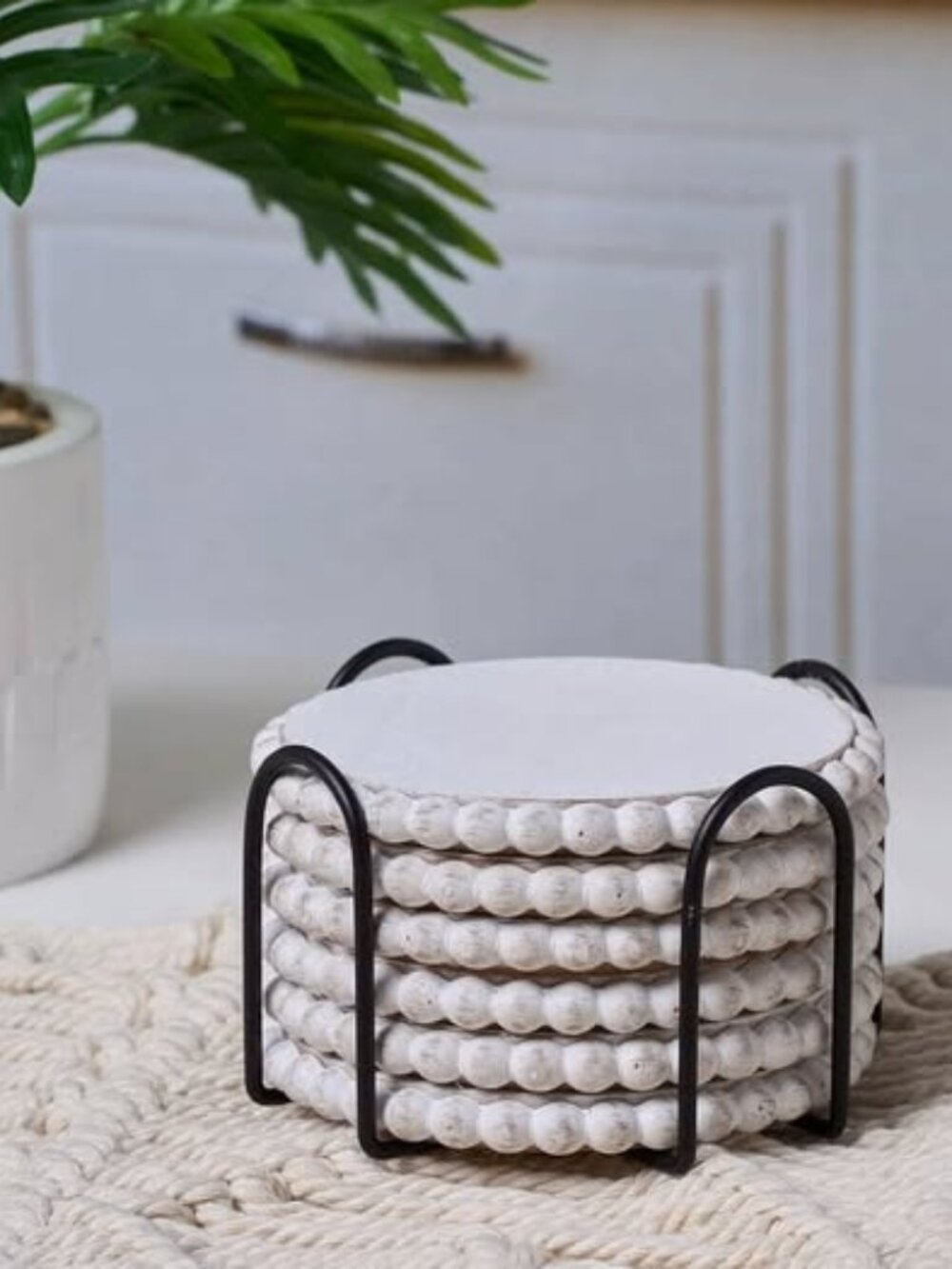 Farmhouse Beaded Wood Coasters Boho Whitewashed Shabby Chic Drink Trays Set of 6